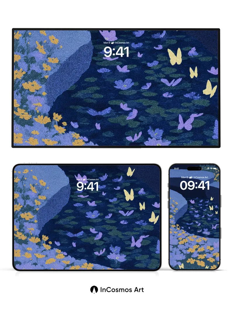 Midnight Bloom Wallpaper with Fluttering Wings