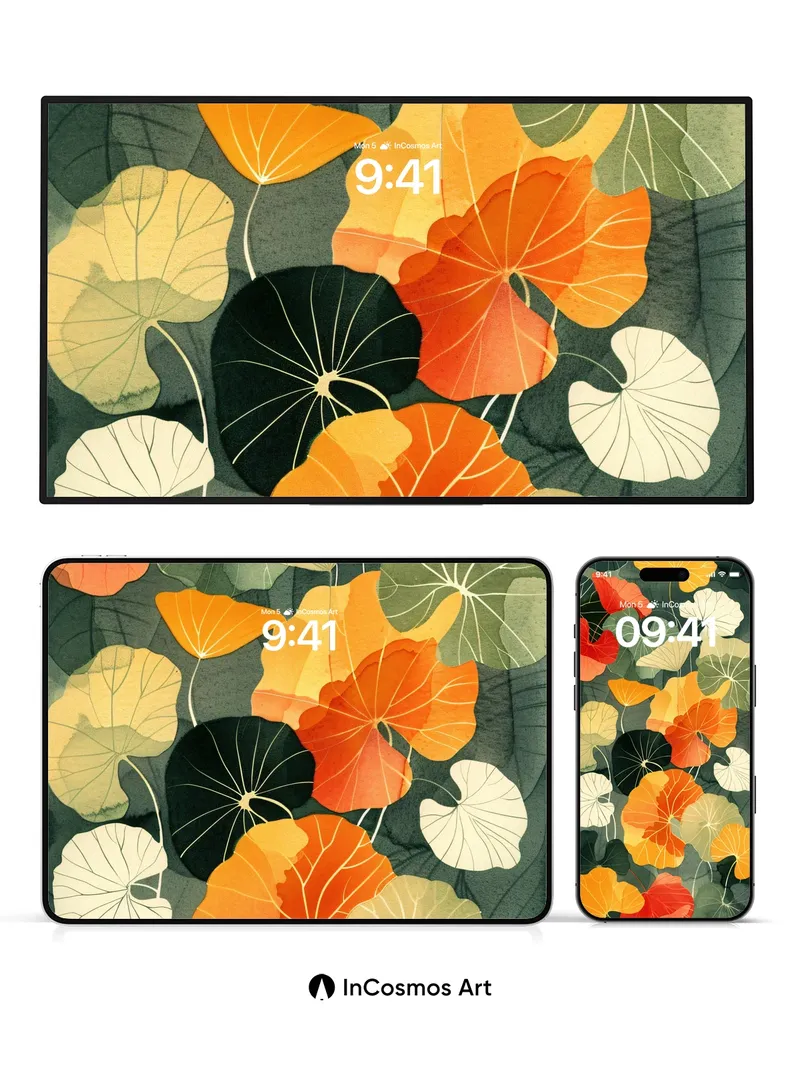 Autumn Whispers Wallpaper with Floating Leaves