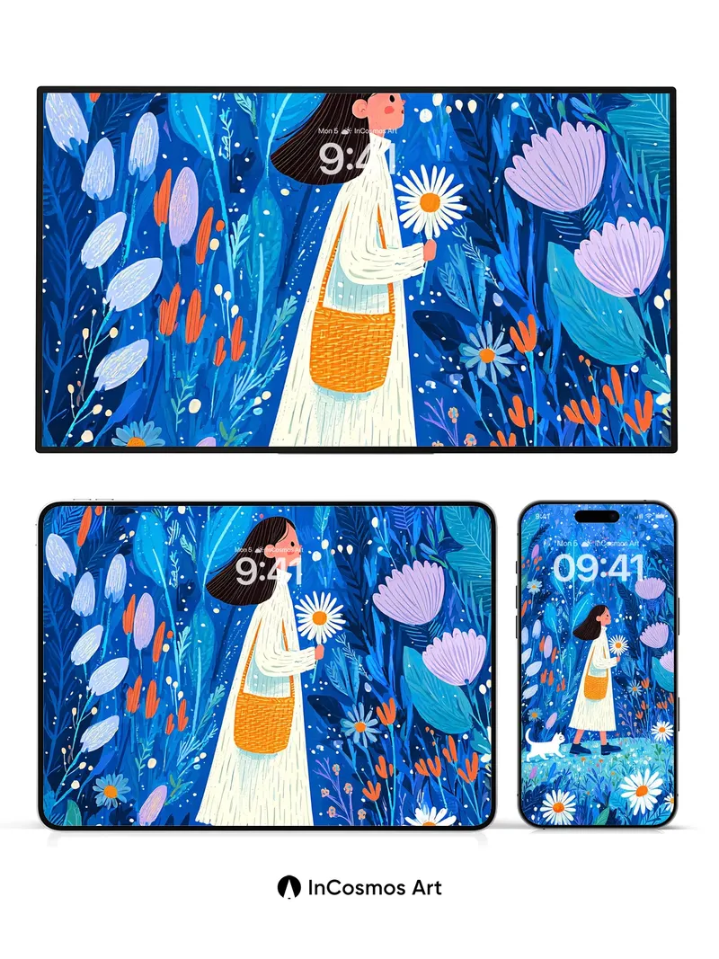 Whispering Blue Garden Wallpaper with Daisy Path