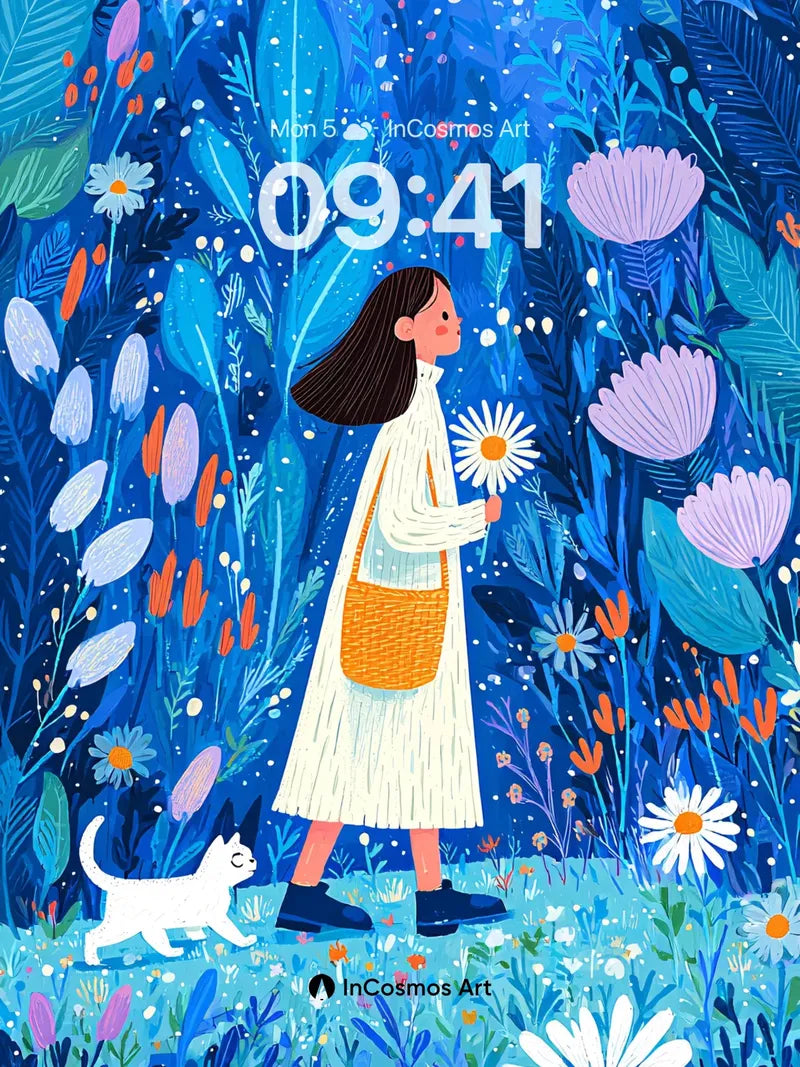 Whispering Blue Garden Wallpaper with Daisy Path wallpaper for iPhone, iPad & Mac