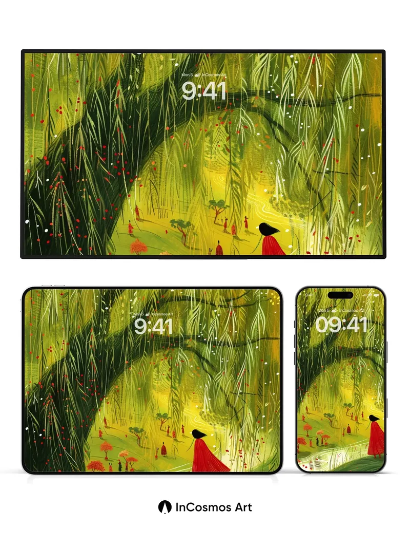 Whispering Canopy Wallpaper with Crimson Silhouette