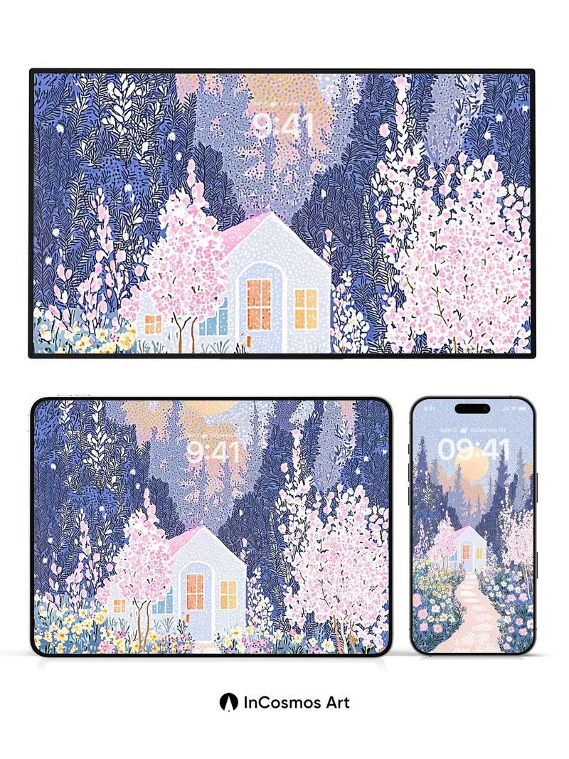 Whispering Bloom Wallpaper with Starlit Path