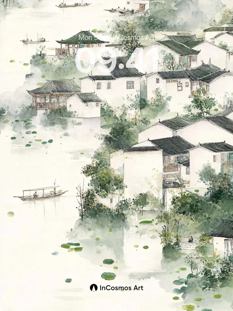 Mist-veiled Village Wallpaper with Floating Canoes wallpaper for iPhone, iPad & Mac