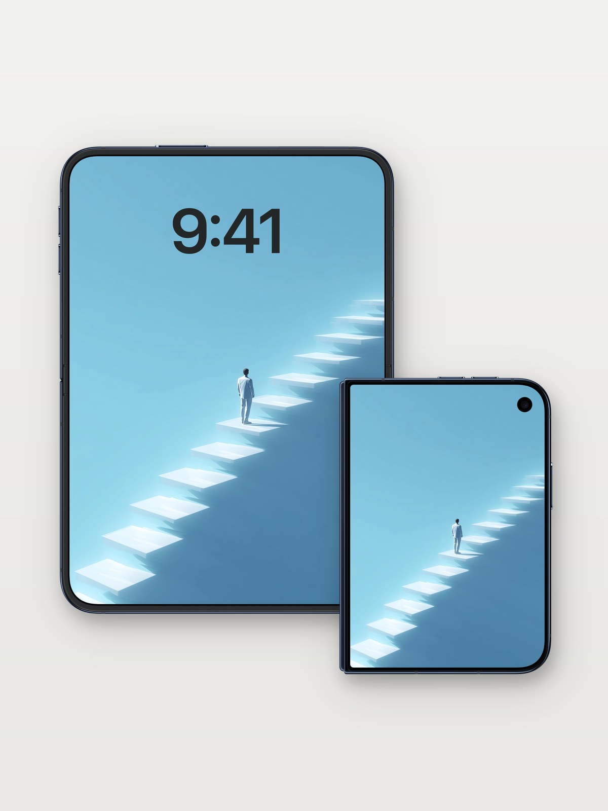 Serenity Stairway Wallpaper with Floating Steps on iPhone Duo, open and closed