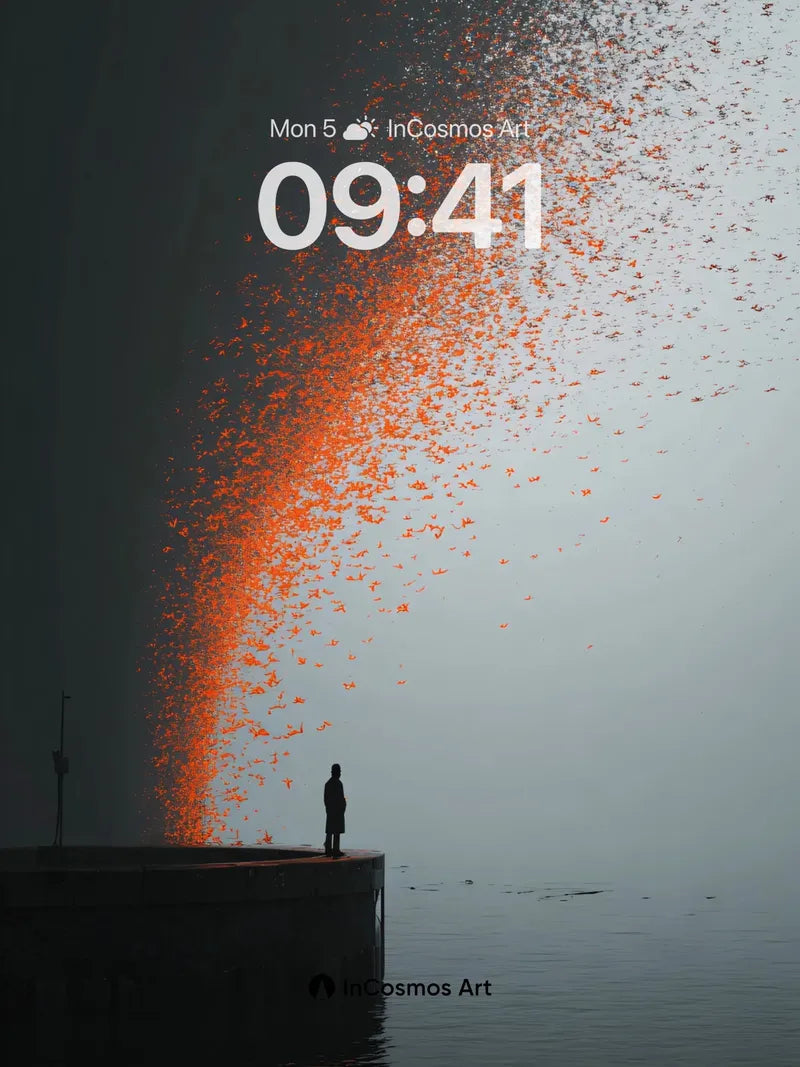 Surreal Ember Swarm Wallpaper with Solitary Figure wallpaper for iPhone, iPad & Mac
