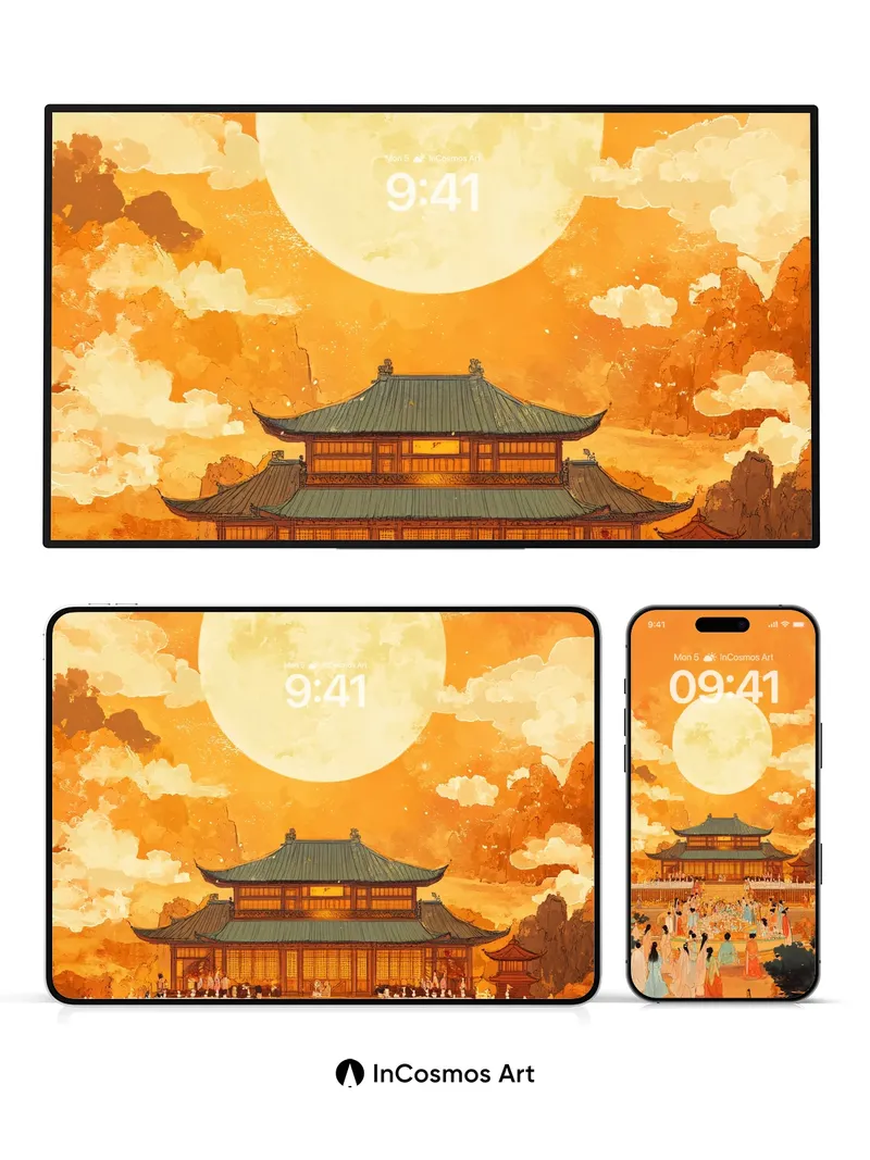 Golden Moonlight Wallpaper with Ancient Courtyard