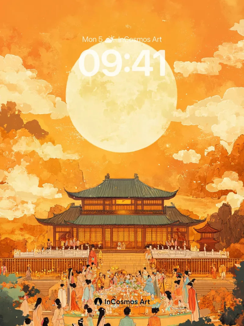 Golden Moonlight Wallpaper with Ancient Courtyard