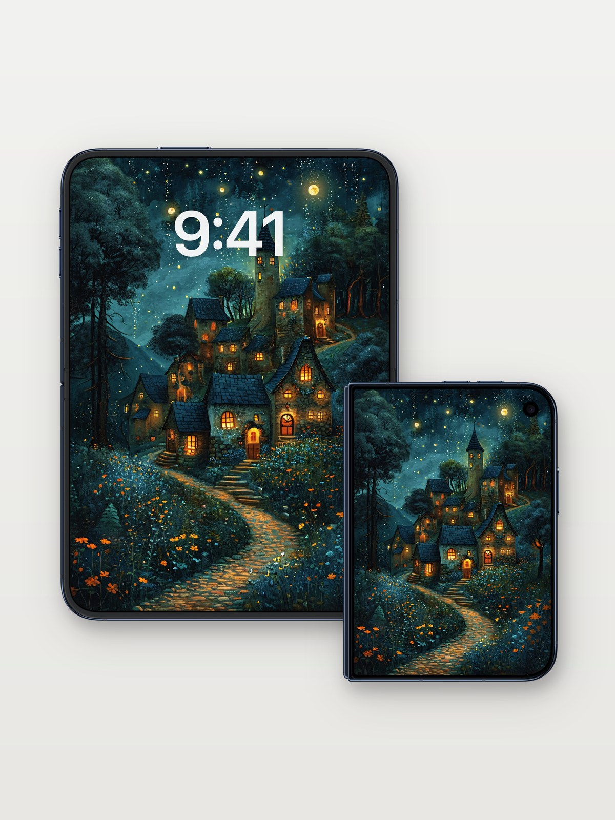 Whispering Stone Wallpaper with Starlight Path on iPhone Duo, open and closed