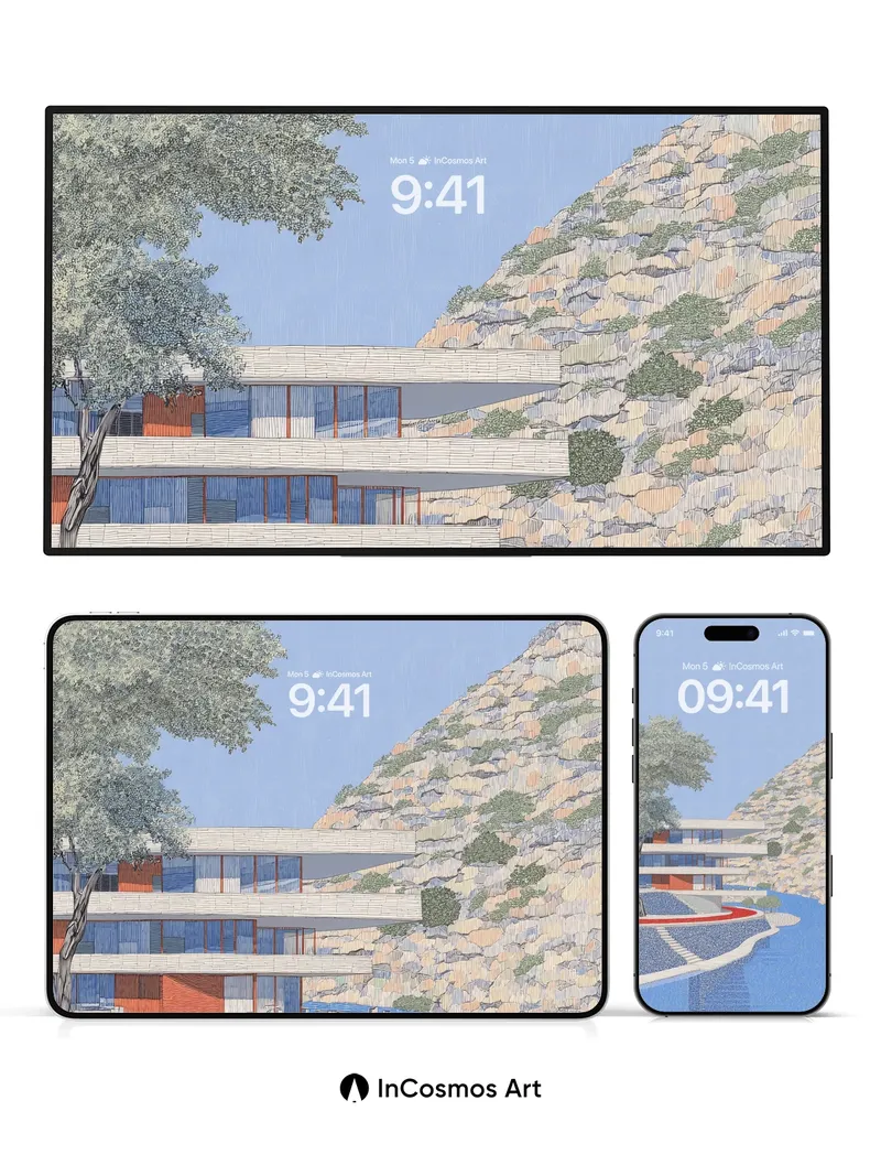 Serene Cliffside Wallpaper with Modern Glass Layers