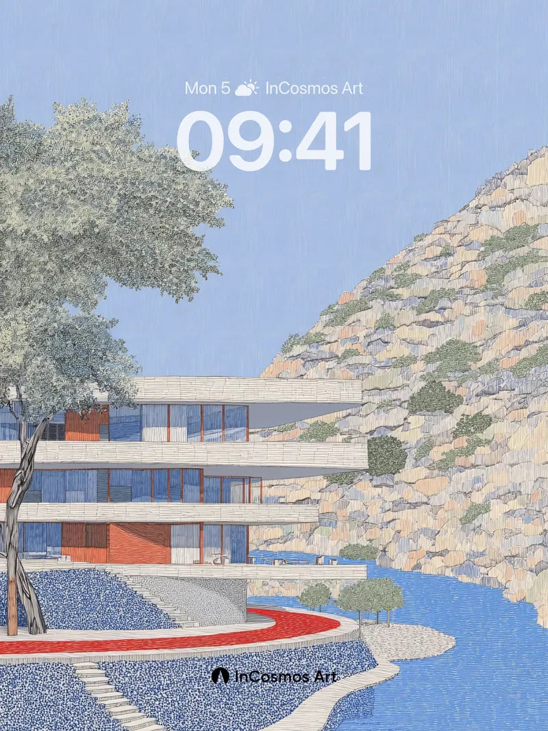 Serene Cliffside Wallpaper with Modern Glass Layers