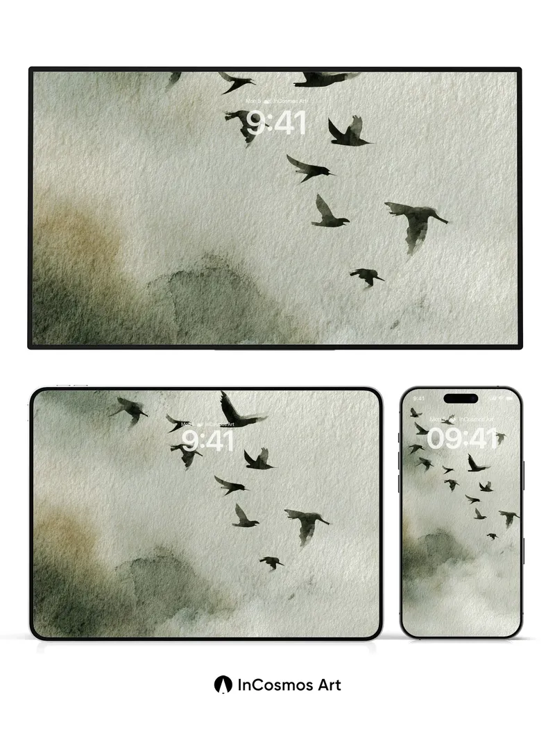 Soot-Silhouetted Flight Wallpaper with Ink-Blot Skies