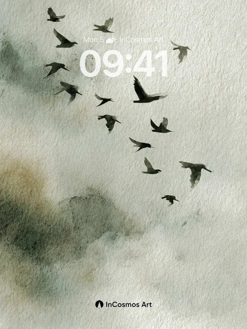 Soot-Silhouetted Flight Wallpaper with Ink-Blot Skies wallpaper for iPhone, iPad & Mac