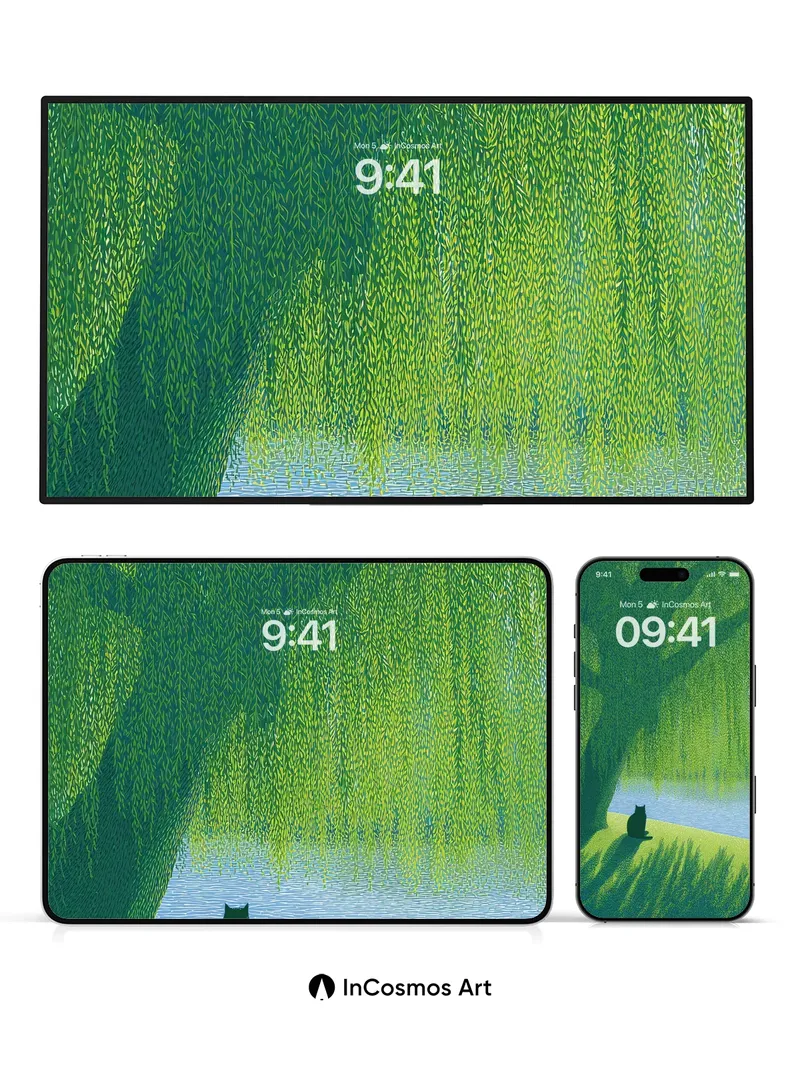 Whispering Willow Wallpaper with Shadowed Cat