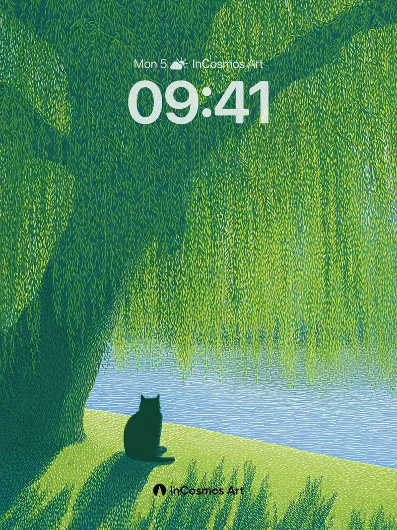 Whispering Willow Wallpaper with Shadowed Cat