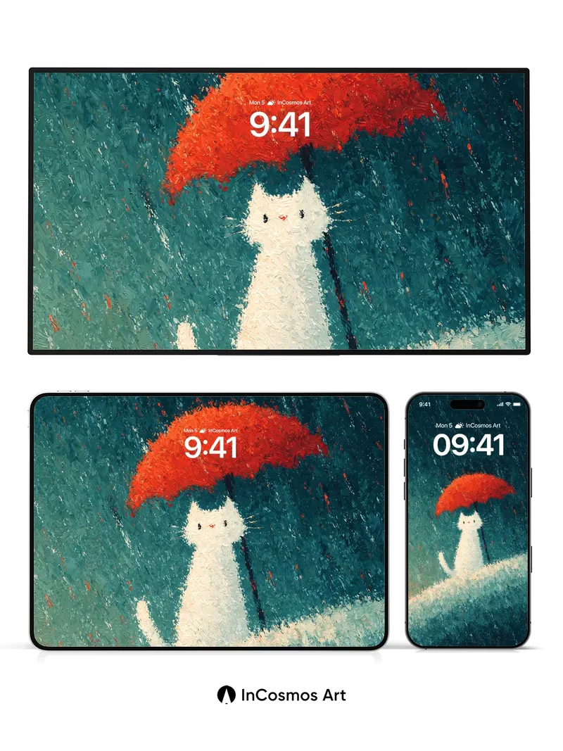 Whispering Rain Wallpaper with Red Umbrella Cat