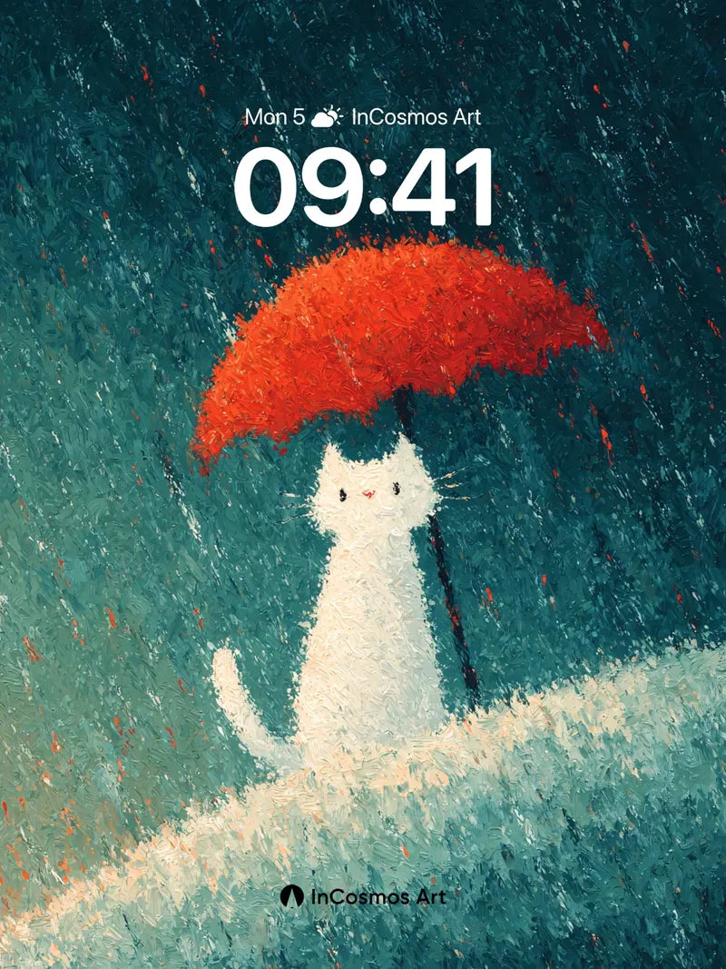 Whispering Rain Wallpaper with Red Umbrella Cat
