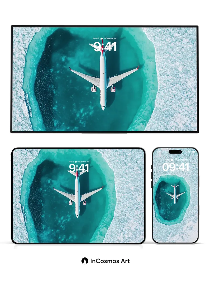 Cerulean Abyss Wallpaper with Floating Airplane