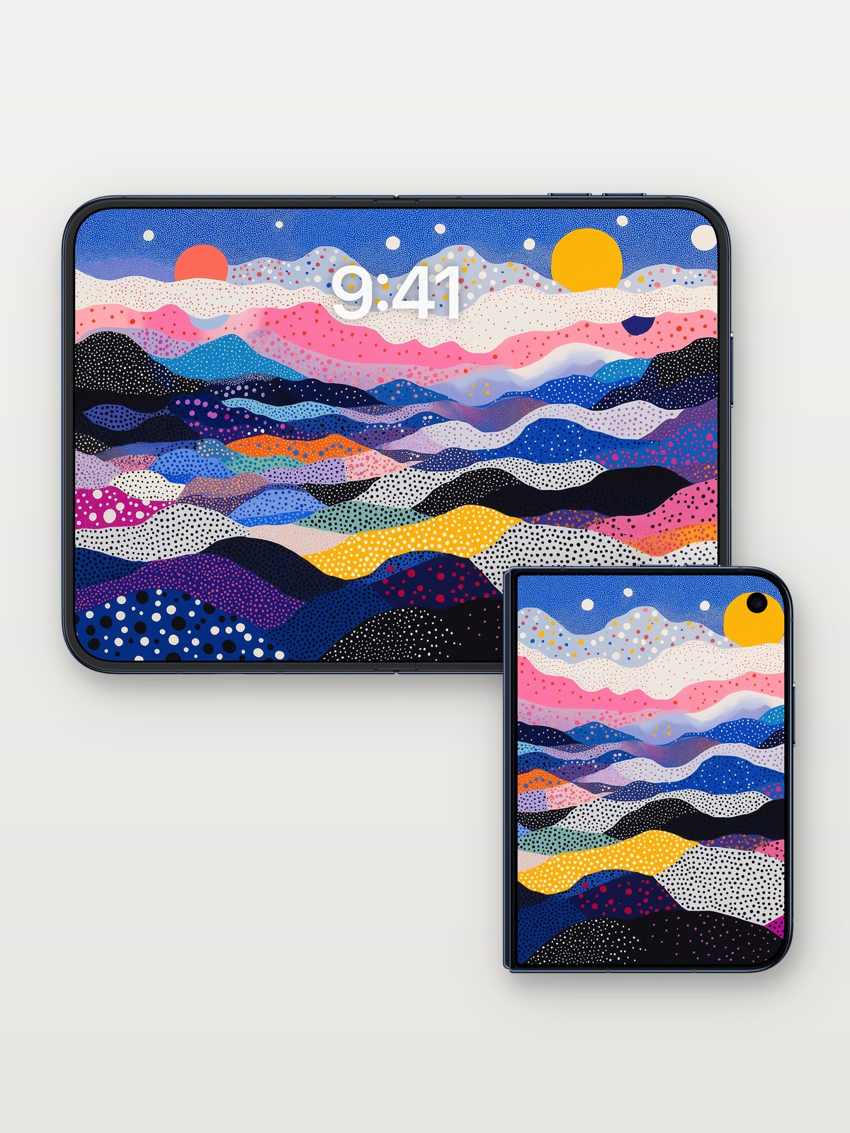 Cosmic Ripple Wallpaper with Polka-Dot Dreams on iPhone Duo, open and closed