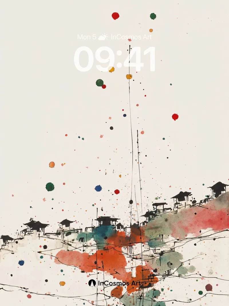 Ink Wash Village Wallpaper with Floating Dots wallpaper for iPhone, iPad & Mac