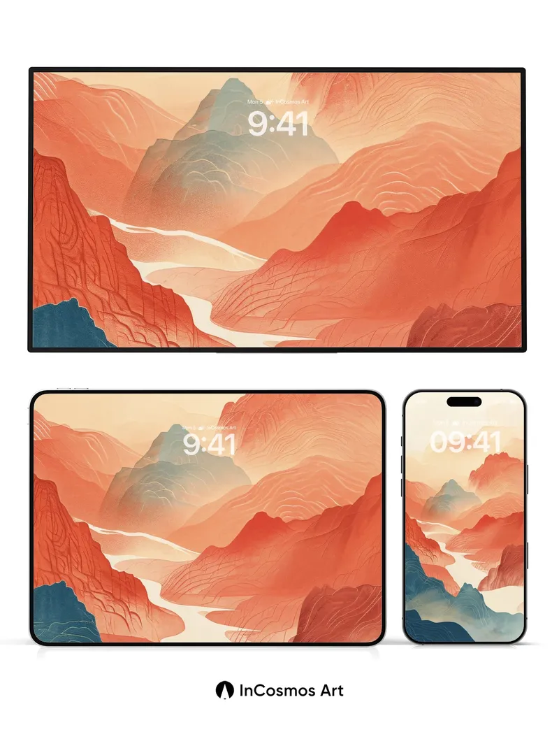 Crimson Valley Wallpaper with Mist-Weaved Peaks