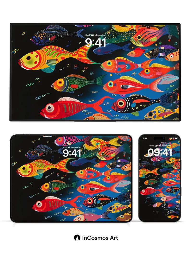 Electric Abyss Wallpaper with Neon Fish Swarm