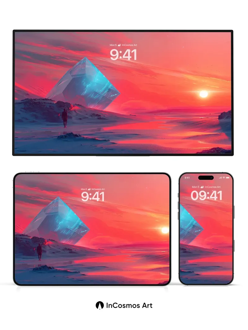 Crimson Horizon Wallpaper with Floating Crystal