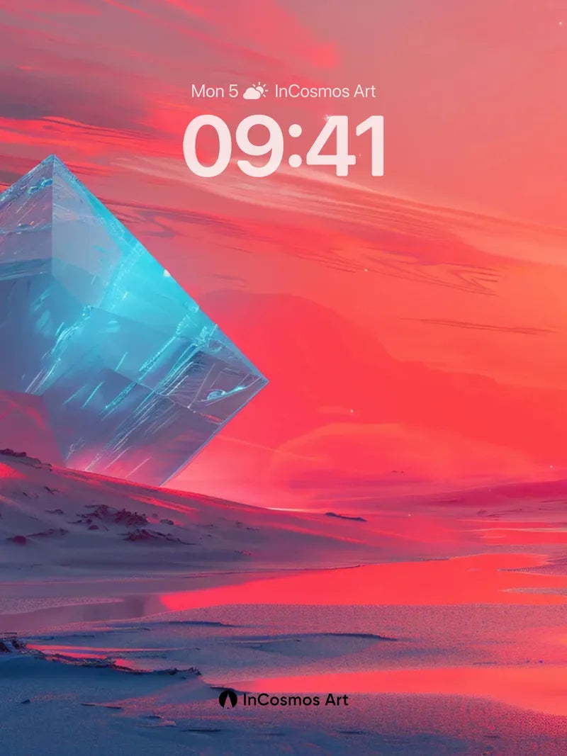 Crimson Horizon Wallpaper with Floating Crystal