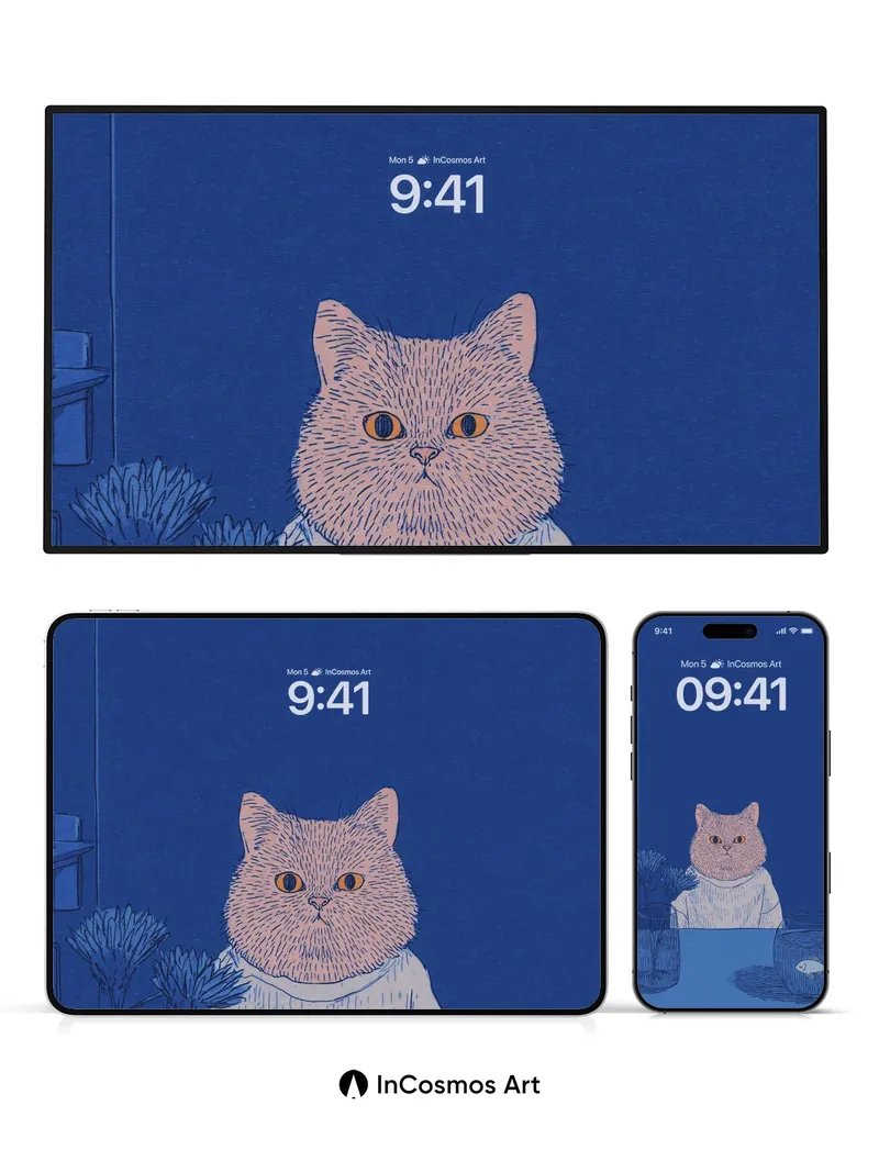 Blue Hush Wallpaper with Cat and Fishbowl