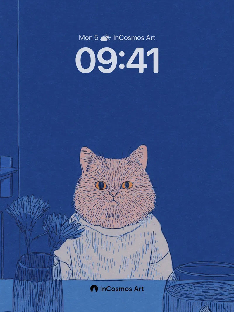 Blue Hush Wallpaper with Cat and Fishbowl
