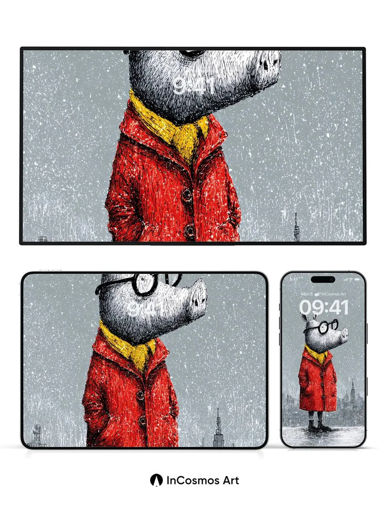 Snowbound Piglet Wallpaper with City Silhouettes