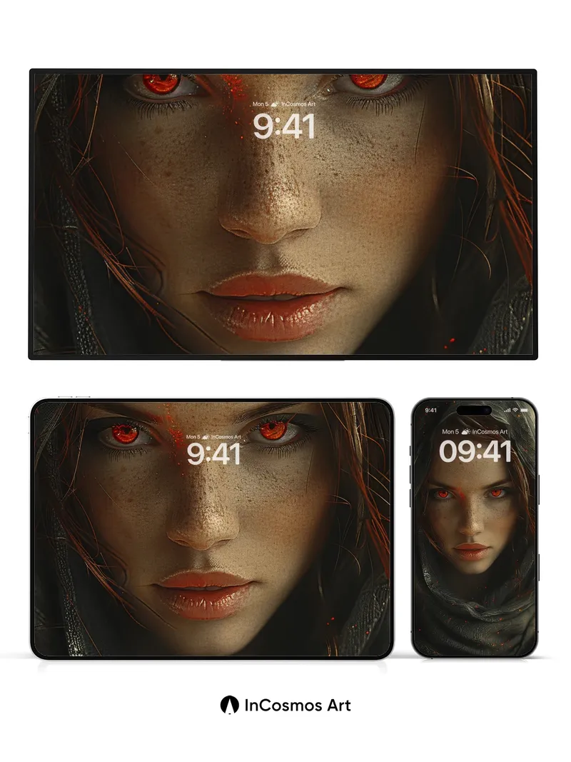 Ember-Eyed Hooded Wallpaper with Glowing Particles