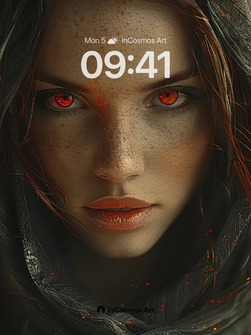 Ember-Eyed Hooded Wallpaper with Glowing Particles