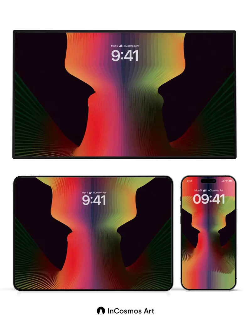 Neon Fractal Wallpaper with Hidden Silhouettes