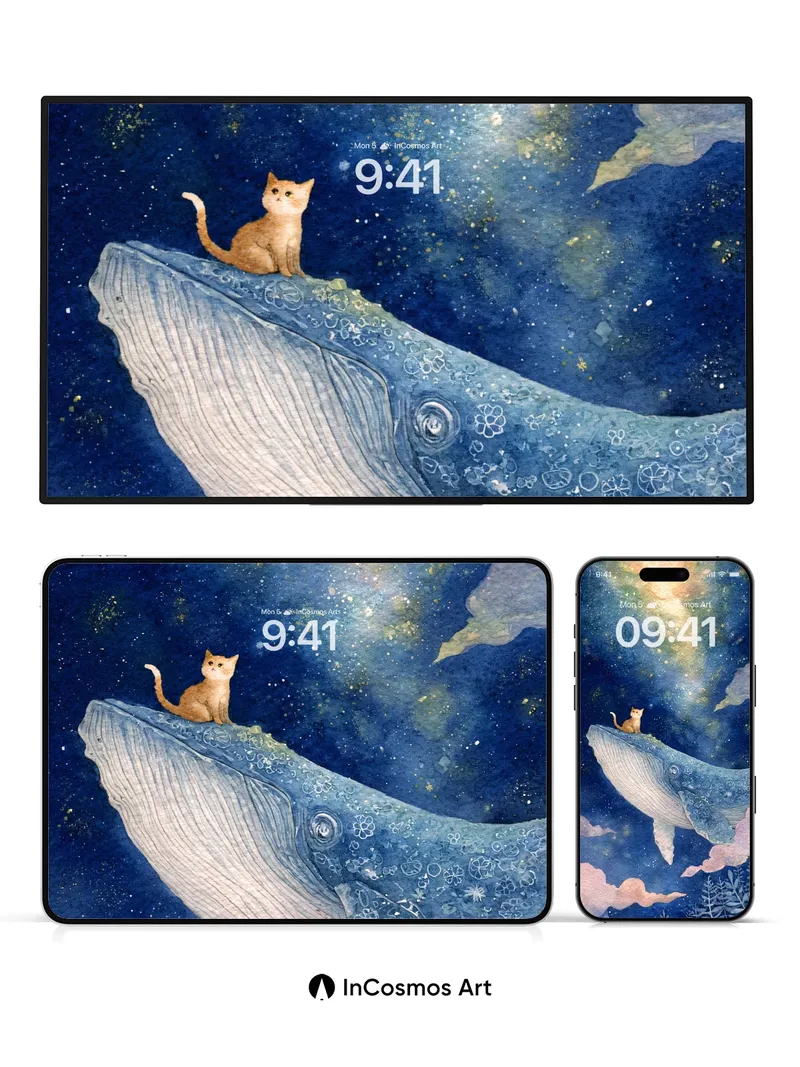 Stellar Whispers Wallpaper with Feline Voyager