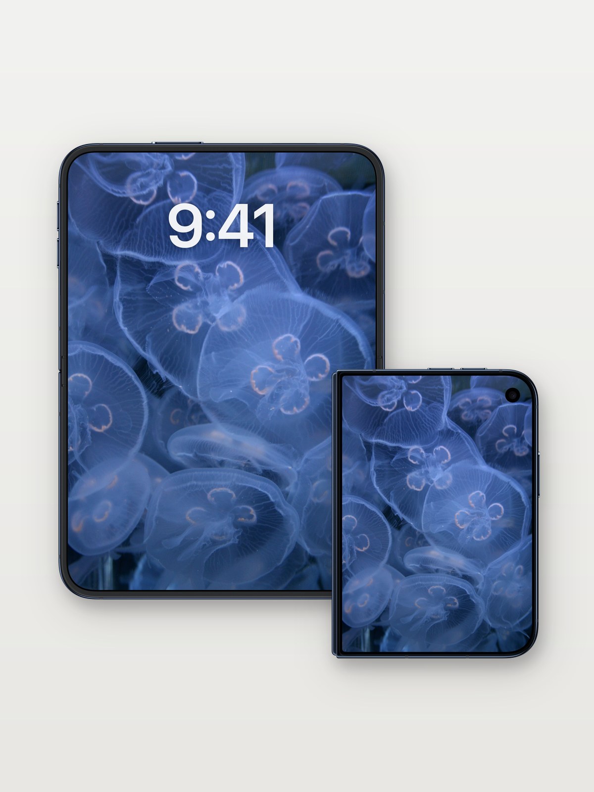 Luminous Drift Wallpaper with Ethereal Veils on iPhone Duo, open and closed