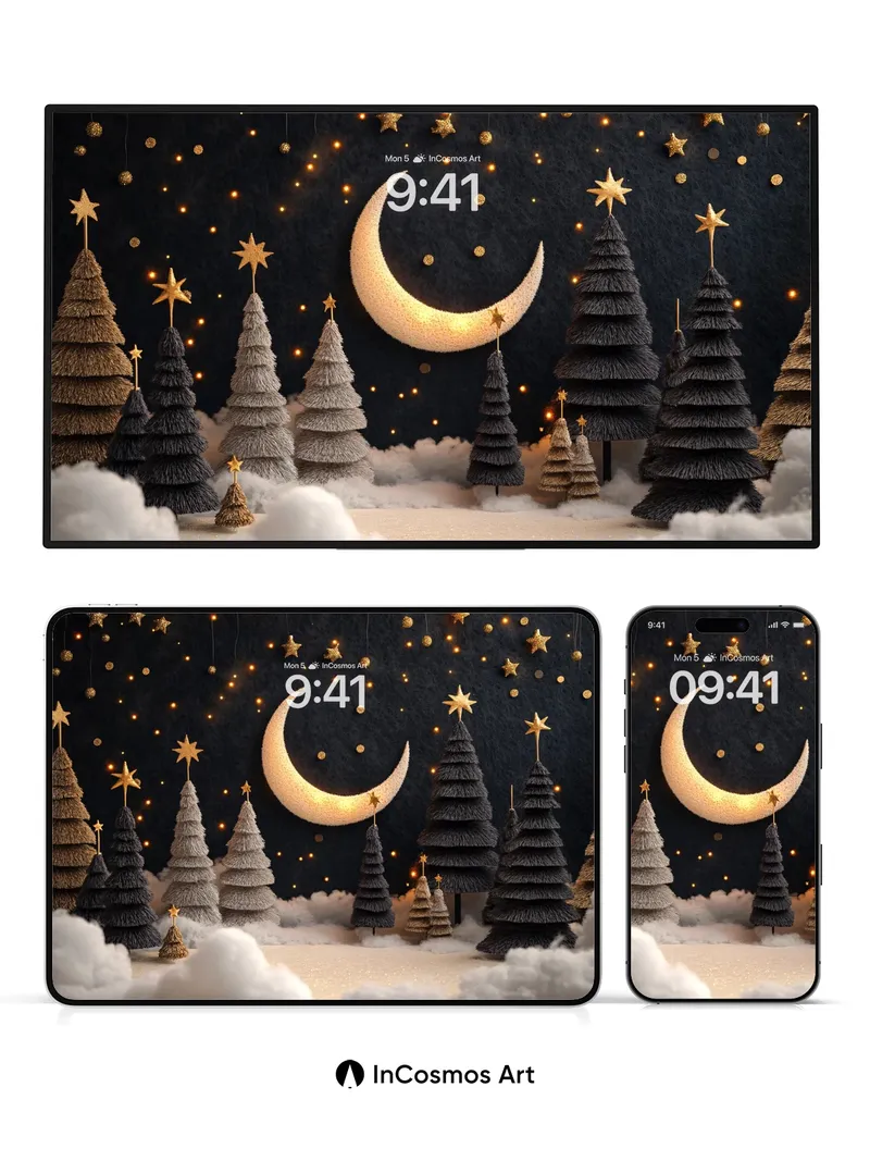 Luminous Moonlit Forest Wallpaper with Star-Dusted Trees