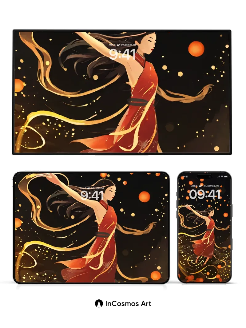 Luminous Dance Wallpaper with Golden Threads