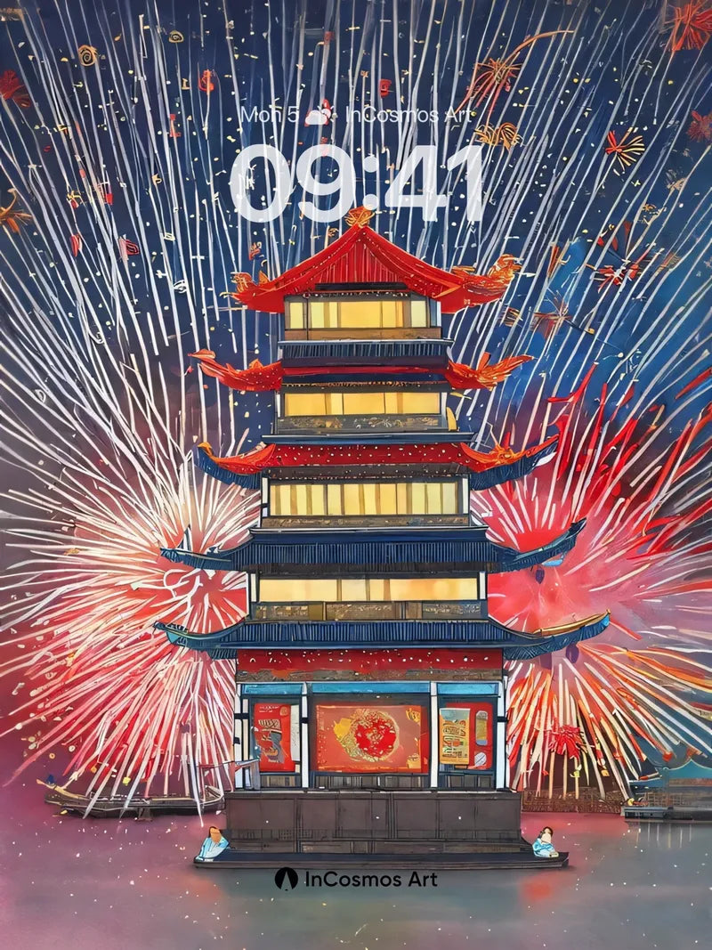 Firework Reverie Wallpaper with Floating Pagoda
