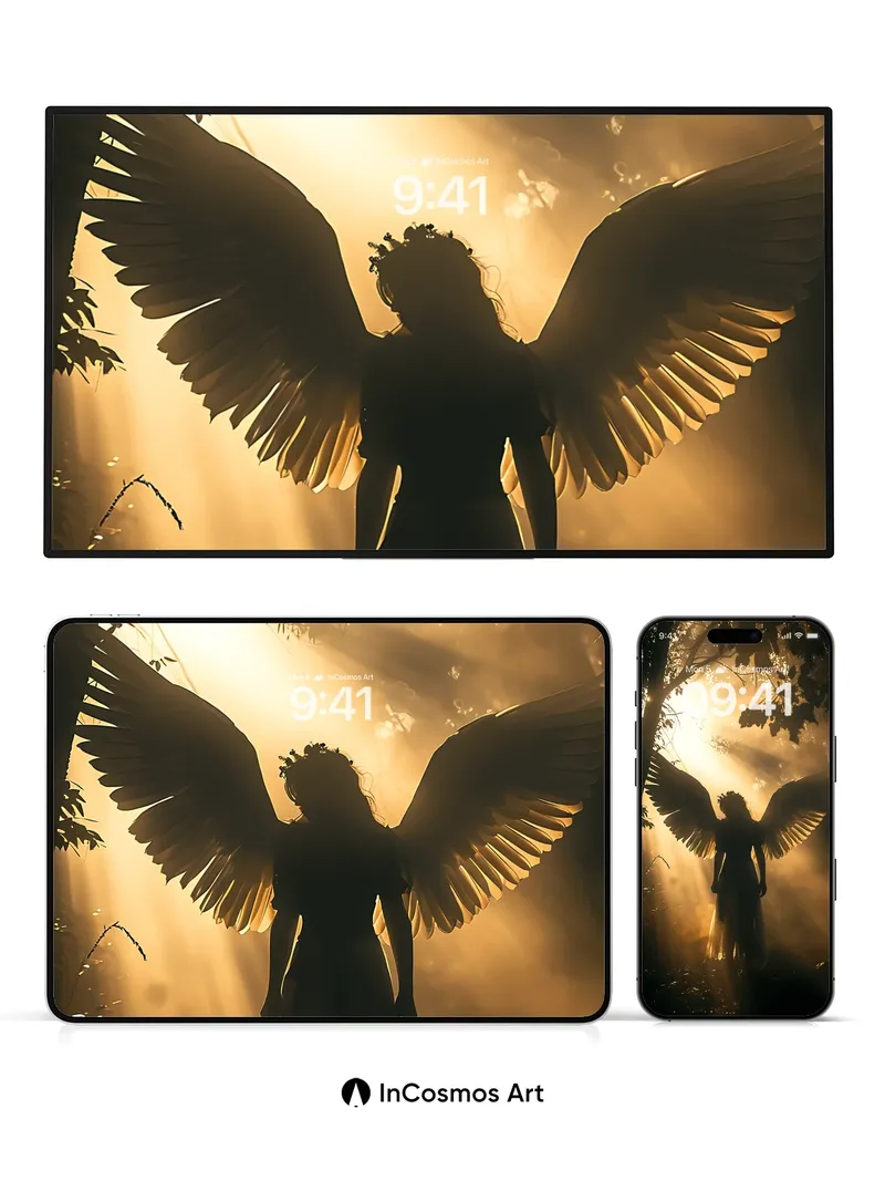 Golden Hush Angel Wallpaper with Sunlit Wings