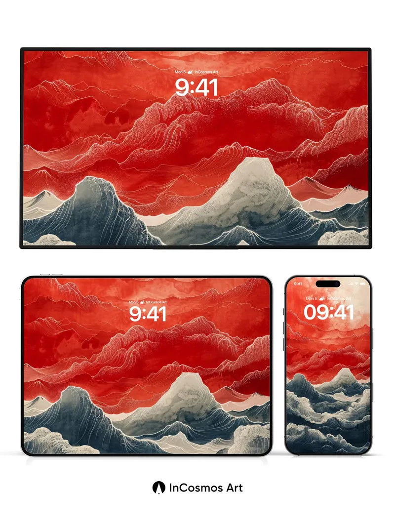 Crimson Skywave Wallpaper with Hokusai Echoes