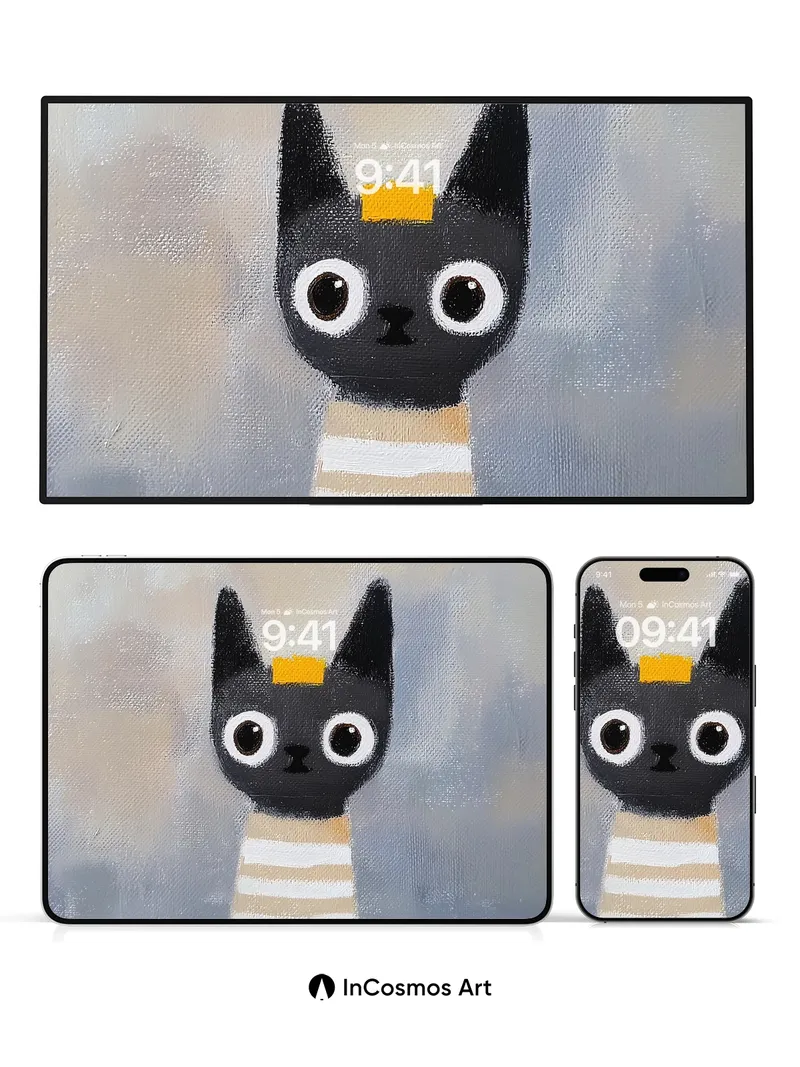 Whimsical Feline Wallpaper with Striped Neck