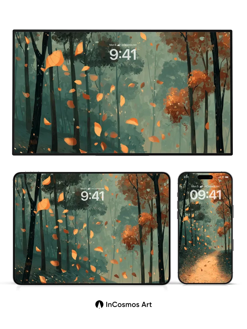 Whispering Autumn Wallpaper with Floating Leaves