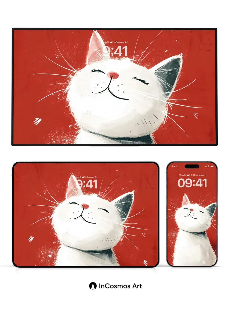 Serene White Cat Wallpaper with Velvet Red Backdrop