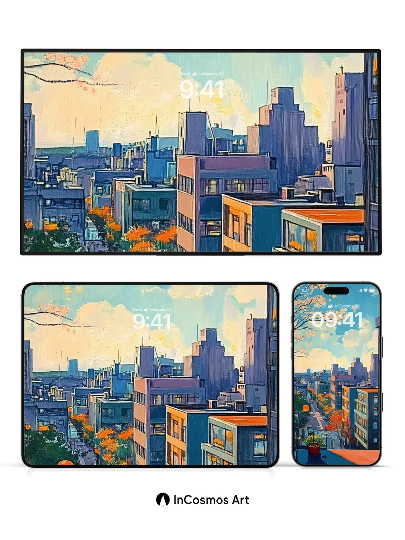 Golden Hour Cityscape Wallpaper with Cherry Blossom Frame