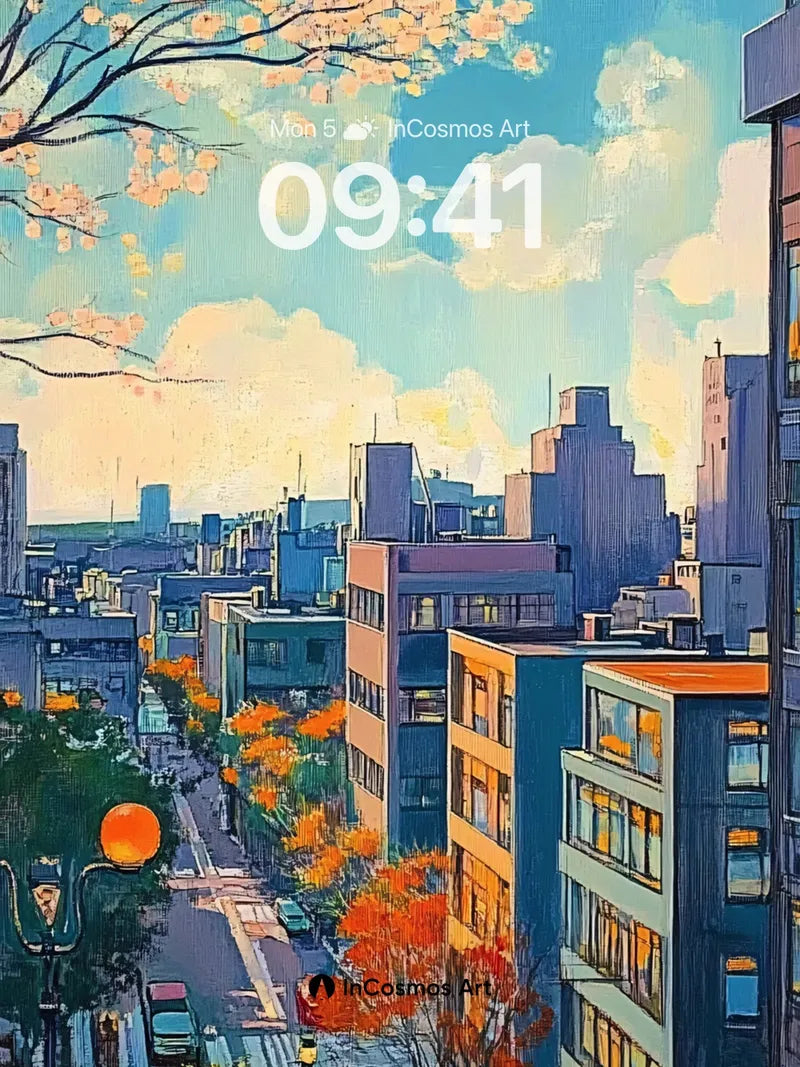 Golden Hour Cityscape Wallpaper with Cherry Blossom Frame