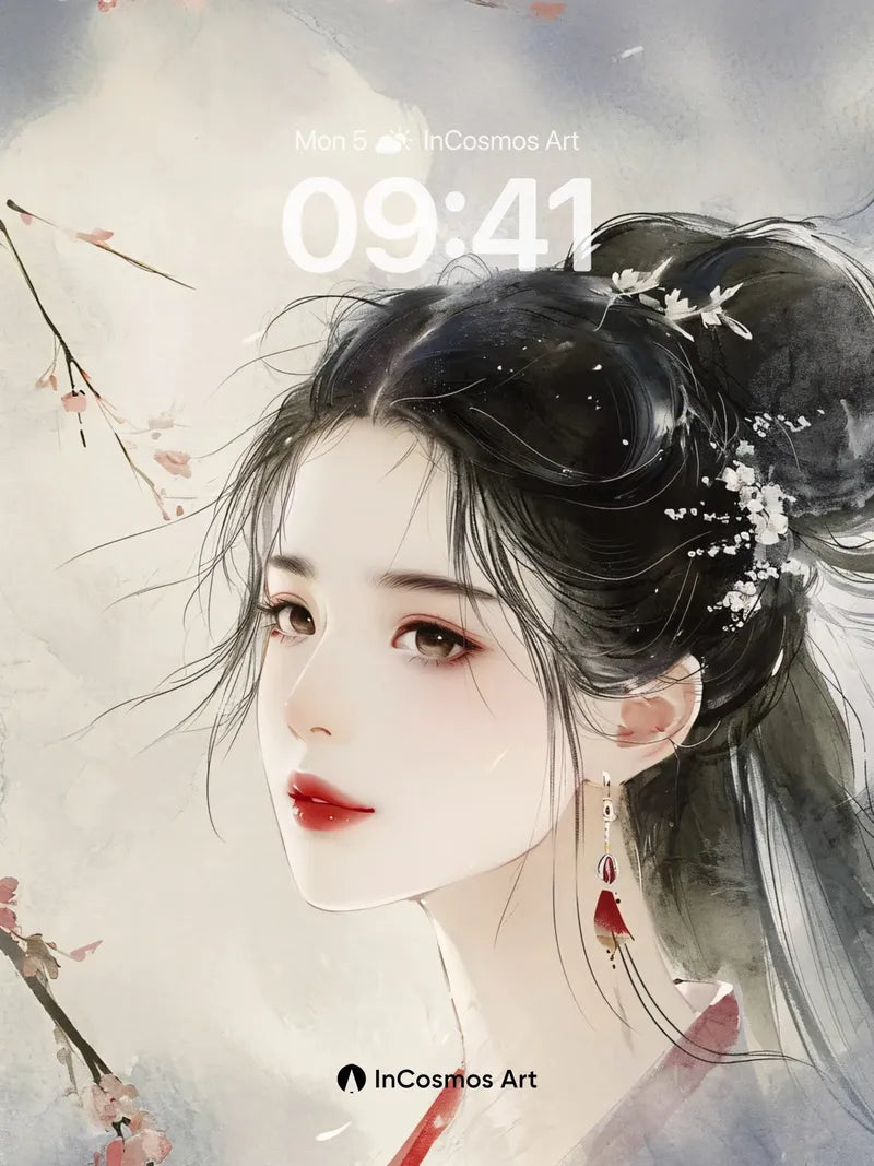 Serene Cherry Bloom Wallpaper with Floating Hair wallpaper for iPhone, iPad & Mac
