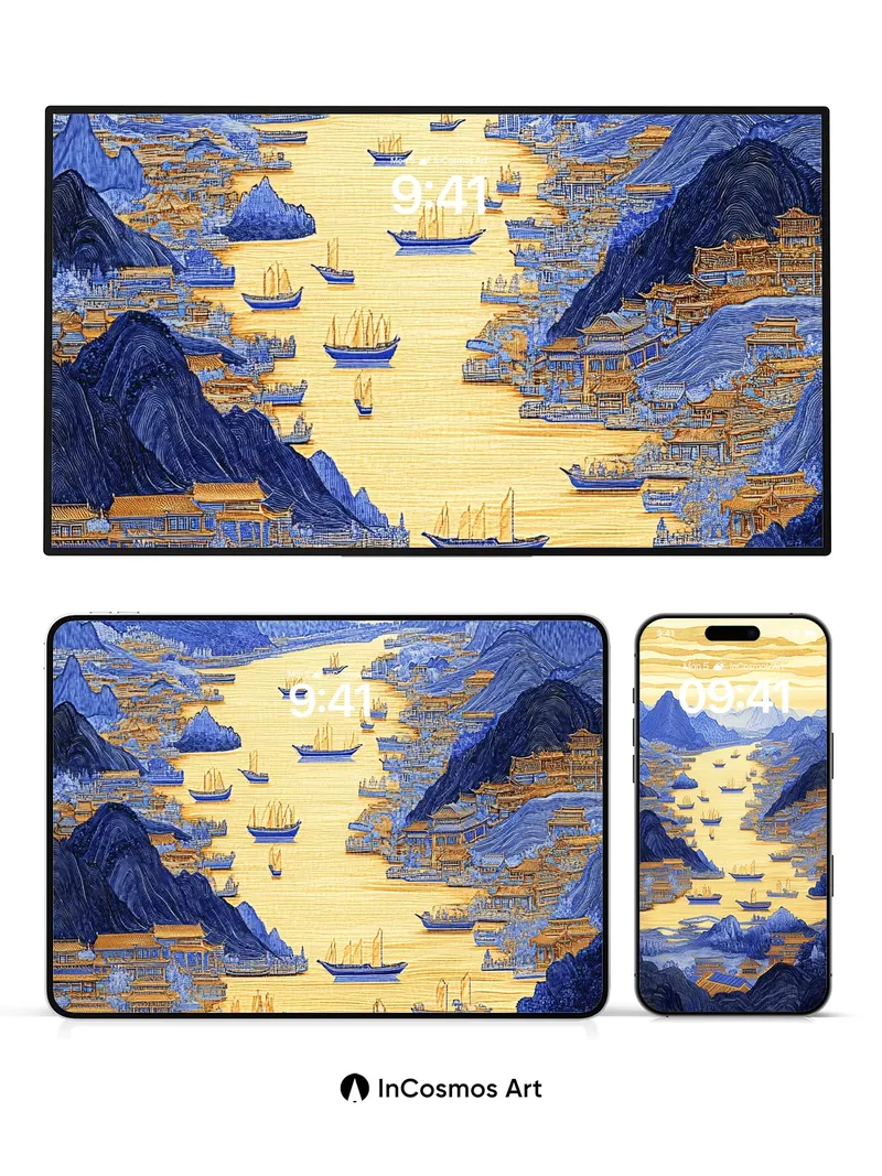 Golden River Mirage Wallpaper with Floating Temples