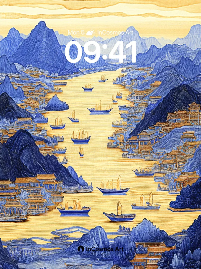 Golden River Mirage Wallpaper with Floating Temples