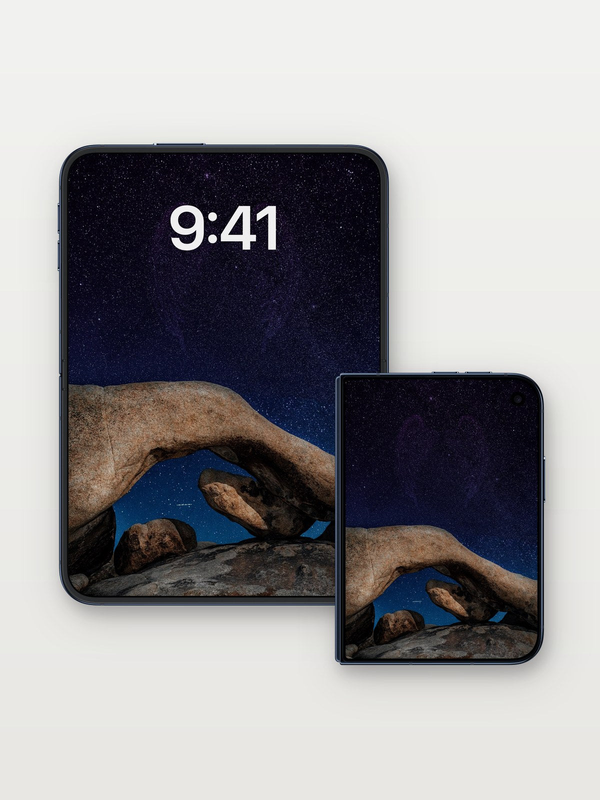 Stellar Arch Wallpaper with Cosmic Veil on iPhone Duo, open and closed