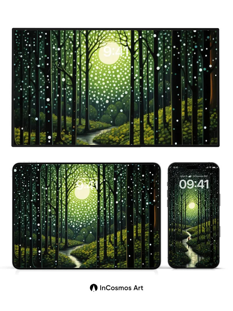 Luminous Forest Wallpaper with Starlit Path